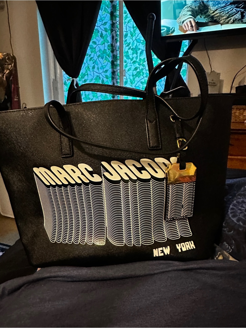 Like new Marc Jacobs Black Tote with White Stacked Logo and Gold Tag
